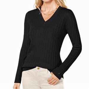 Tommy Hilfiger Womens Cable Knit Sweater Sz M Slim Fit Black NWT Preppy